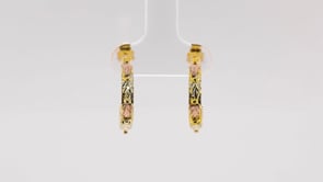 Black Hills Gold Pink & Green Leaf J Hoop Earrings in 10K Yellow Gold close-up detail