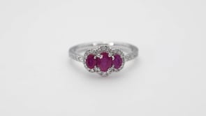 3-Stone Oval Ruby & 1/3 ct. tw. Diamond Halo Ring in 14K White Gold side profile