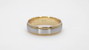 Men's Two-Tone Wedding Band with Milgrain Design and Center Brushed Band in 10K White and Yellow Gold close-up detail