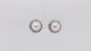 7-8mm Freshwater Cultured Pearl Earrings with Created White Sapphire Double Starburst Halo in Sterling Silver front view