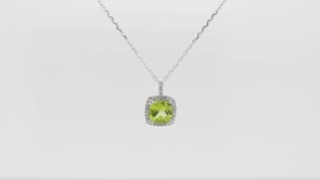 Cushion Peridot and Diamond Halo Pendant in 10K White Gold front view