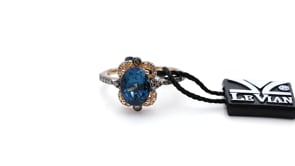 Le Vian Chocolatier Oval Deep Sea Blue Topaz & 1/3 ct. tw. Chocolate & Vanilla Diamond Scalloped Halo Ring in 14K front view