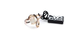 Le Vian Chocolatier Oval Neopolitan Opal & 1/10 ct. tw. Chocolate & Vanilla Diamond Loop Ring in 14K Strawberry front view