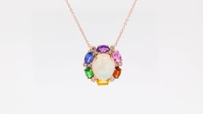 Le Vian Rainbow Oval Neopolitan Opal & 1/6 ct. tw. Nude Diamond, & Multi Gemstone Halo Pendant in 14K Strawberry front view
