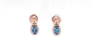 Le Vian Chocolatier Oval Deep Sea Blue Topaz & 1/6 ct. tw. Chocolate & Vanilla Diamond Earrings in 14K Strawberry front view