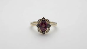 Le Vian Creme Brulee Oval Raspberry Rhodolite Garnet & 1/6 ct. tw. Nude & Chocolate Diamond Floral Halo Ring close-up detail