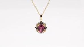 Le Vian Oval Raspberry Rhodolite Garnet & 1/7 ct. tw. Nude & Chocolate Diamond Floral Halo Pendant in 14K close-up detail