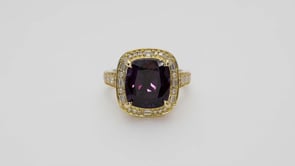 Cushion Color-Changing Garnet & 3/4 ct. tw. Diamond Halo Ring in 18K Yellow Gold close-up detail