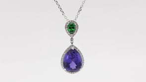 Pear Tanzanite, Tsavorite Garnet & 3/8 ct. tw. Diamond Pendant in 18K White Gold front view
