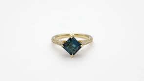 Asscher Cut Blue-Green Tourmaline & 1/3 ct. tw. Diamond Ring in 18K Yellow Gold close-up detail