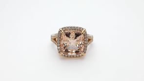 Cuhsion Morganite & 1/2 ct. tw. Diamond Halo Ring in 18K Pink Gold close-up detail