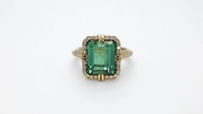 Emerald Cut Tourmaline & 1/3 ct. tw. Diamond Halo Ring in 18K Yellow Gold close-up detail