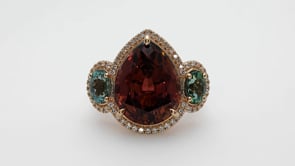 Pear Tourmaline, Tsavorite Garnet & 1/3 ct. tw. Diamond 3-Stone Ring in 18K Pink Gold close-up detail
