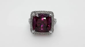 Cushion Rhodolite Garnet & 5/8 ct. tw. Diamond Halo Ring in 18K White Gold close-up detail