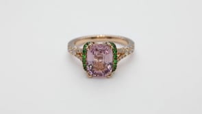 Cushion Pink Spinel, Tsavorite Garnet & 1/4 ct. tw. Diamond Ring in 18K Pink Gold close-up detail