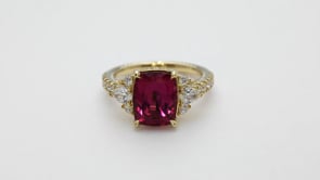 Cushion Rubelite & 3/4 ct. tw. Diamond Ring in 18K Yellow Gold close-up detail