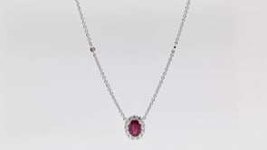 Oval Ruby & 1/2 ct. tw. Diamond Halo Station Necklace in 18K White Gold close-up detail