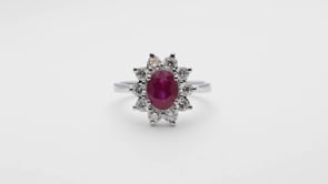 Oval Ruby & 1 ct. tw. Diamond Floral Halo Ring in 14K White Gold close-up detail
