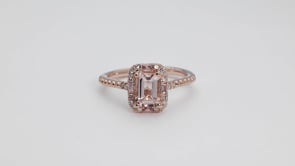 Emerald Cut Morganite & 1/10 ct. tw. Diamond & Garnet Halo Ring in 10K Pink Gold side profile