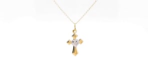 Children's Cross Pendant with Beaded Heart in 14K Yellow & White Gold front view