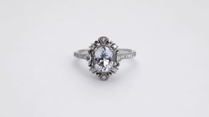 Oval Aquamarine & 1/4 ct. tw. Diamond Filigree Milgrain Halo Ring in 10K White Gold close-up detail