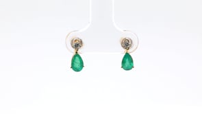 Pear Emerald & Diamond Accent Drop Earrings in 10K Yellow Gold front view