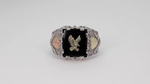 Black Hills Gold Men's Rectangle Onyx & Textured Eagle Ring in Sterling Silver & 10K Yellow Gold close-up detail