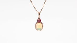 Oval Opal, Garnet & Diamond Halo Pendant in 10K Pink Gold front view