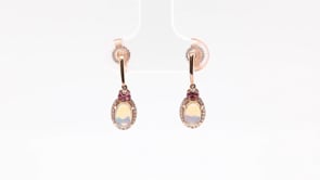 Oval Opal, Garnet & Diamond Halo Drop Earrings in 10K Pink Gold front view