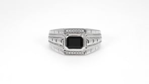 Men's Genuine Black Onyx & .06 ct. tw. Diamond Accented Ring in Sterling Silver close-up detail