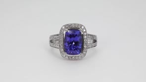 Cushion Tanzanite & 1 ct. tw. Diamond Halo Ring with Milgrain Detailing in 14K White Gold side profile