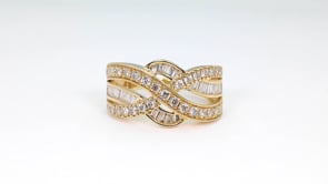 1 ct. tw. Round & Baguette Diamond Crossover Ring in 10K Yellow Gold close-up detail