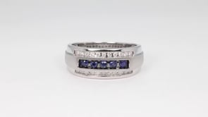 Channel Set Genuine Sapphire & 1/4 ct. tw. Diamond Ring with Wire-Brushed Center Accent in 10K White Gold full view