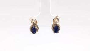 Oval Sapphire & Diamond Halo Earrings in 10K Yellow Gold front view