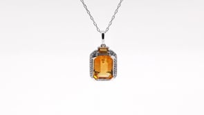 Emerald Cut Madeira Citrine & 1/10 ct. tw. Diamond Halo Pendant with Baguette Citrine Accent in 10K White Gold front view
