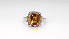 Emerald Cut Madeira Citrine & 1/10 ct. tw. Diamond Halo Ring with Baguette Citrine Accents in 10K White Gold side profile