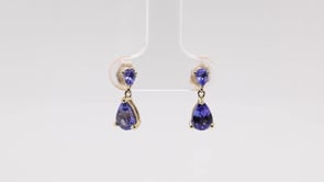 Double Pear Tanzanite Drop Earrings in 10K Yellow Gold close-up detail