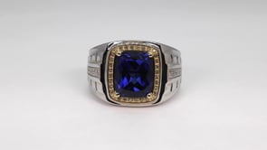 Men's Created Cushion Sapphire & 1/7 ct. tw. Diamond Halo Ring in Sterling Silver & 10K Yellow Gold side profile