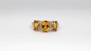 3-Stone Oval Citrine & 1/10 ct. tw. Diamond Ring in 10K Yellow Gold close-up detail