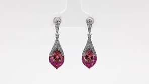 Pear Pink Tourmaline, Baguette Ruby & 1/3 ct. tw. Diamond Pointed Teardrop Earrings in 14K White Gold front view