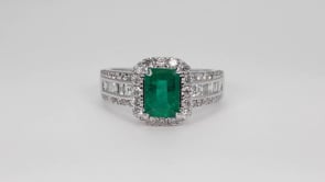Emerald Cut Emerald & 9/10 ct. tw. Multirow Diamond Ring with Halo in 18K White Gold side profile