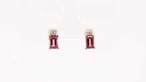 Emerald Cut Pink Tourmaline & Diamond Cluster Earrings in 14K Yellow Gold front view