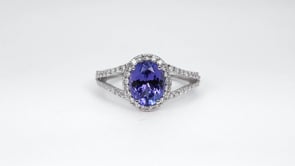 Oval Tanzanite & 3/8 ct. tw. Diamond Halo Split Shank Ring in 14K White Gold close-up detail