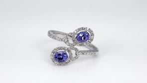 2-Stone Oval Tanzanite & 1/3 ct. tw. Diamond Floating Halo Bypass Ring in 14K White Gold close-up detail