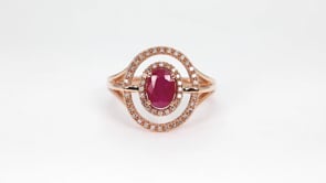 Oval Ruby & 1/5 ct. tw. Diamond Double Floating Halo Ring in 10K Pink Gold side profile