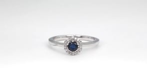Round Sapphire & Diamond Accent Hexagon Halo Ring in 10K White Gold side profile