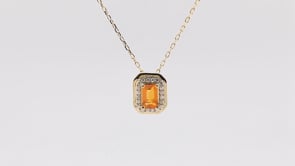 American Colors Emerald Cut Fire Opal & 1/8 ct. tw. Diamond Halo Pendant in 10K Yellow Gold close-up detail