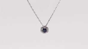 Round Sapphire & Diamond Accent Hexagon Halo Pendant in 10K White Gold close-up detail