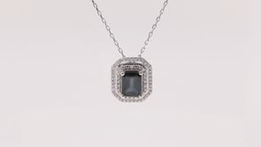 Emerald Cut Sapphire & 1/3 ct. tw. Diamond Double Halo Pendant in 10K White Gold close-up detail