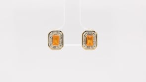 American Colors Emerald Cut Fire Opal & 1/7 ct. tw. Diamond Halo Earrings in 10K Yellow Gold close-up detail